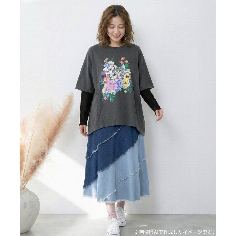 トップス 新作 ScoLar スカラー 161649 ソフトチュール×花ネコ柄 レイヤード風プルオーバー カジュアル ポップ カラフル レトロ 猫 原宿系 個性的 ポイント | ScoLar | 04