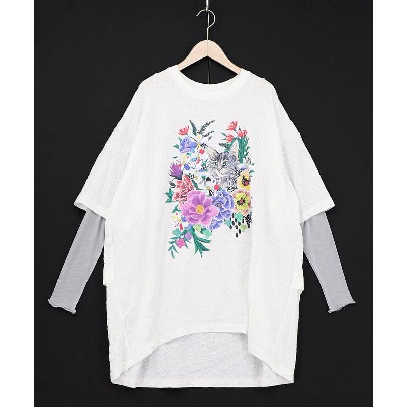 トップス 新作 ScoLar スカラー 161649 ソフトチュール×花ネコ柄 レイヤード風プルオーバー カジュアル ポップ カラフル レトロ 猫 原宿系 個性的 ポイント | ScoLar | 01