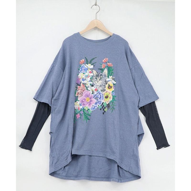 トップス 新作 ScoLar スカラー 161649 ソフトチュール×花ネコ柄 レイヤード風プルオーバー カジュアル ポップ カラフル レトロ 猫 原宿系 個性的 ポイント | ScoLar | 03