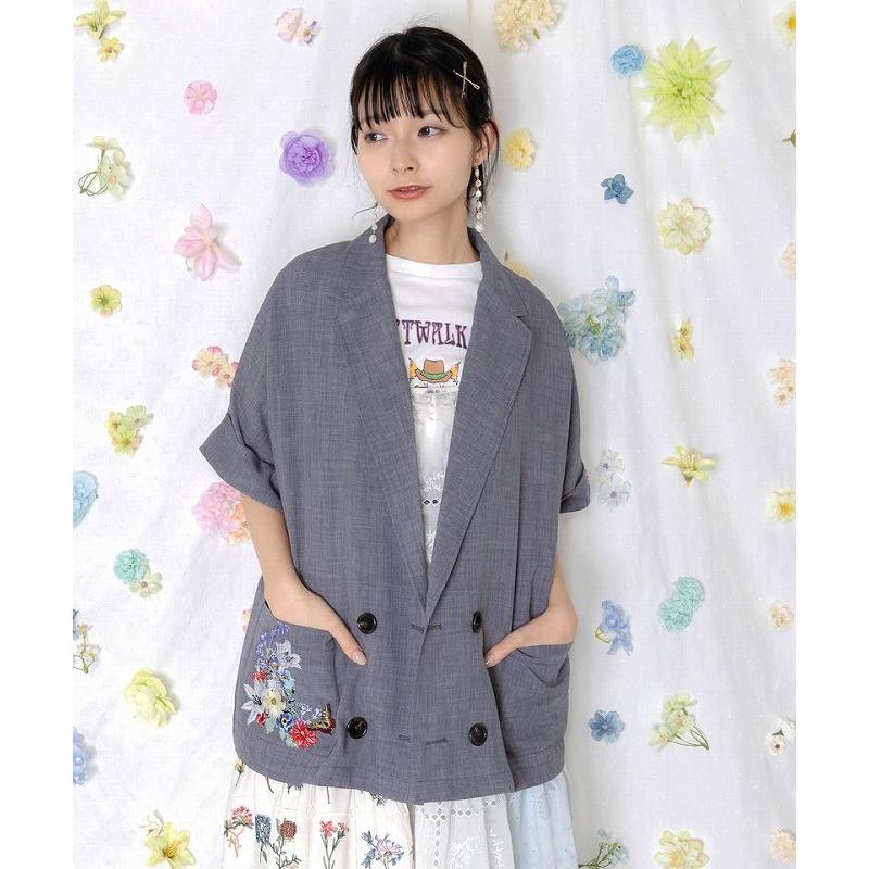 ジャケット ScoLar スカラー 162607 花ネコ刺繍入り半袖ジャケット アウター 羽織り カジュアル レトロ ガーリー 猫 原宿系 個性的 ポイントの画像