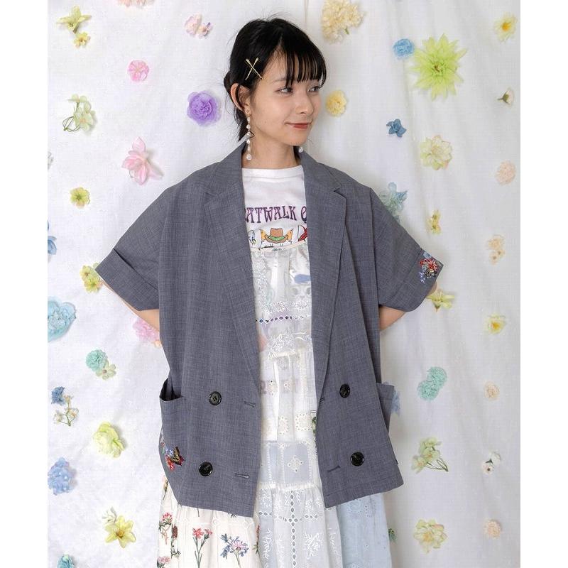 ジャケット ScoLar スカラー 162607 花ネコ刺繍入り半袖ジャケット アウター 羽織り カジュアル レトロ ガーリー 猫 原宿系 個性的 ポイントの画像