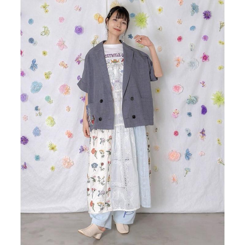 ジャケット ScoLar スカラー 162607 花ネコ刺繍入り半袖ジャケット アウター 羽織り カジュアル レトロ ガーリー 猫 原宿系 個性的 ポイントの画像