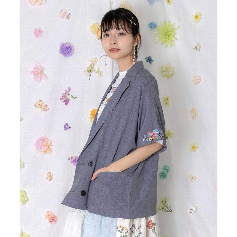 ジャケット ScoLar スカラー 162607 花ネコ刺繍入り半袖ジャケット アウター 羽織り カジュアル レトロ ガーリー 猫 原宿系 個性的 ポイントの画像