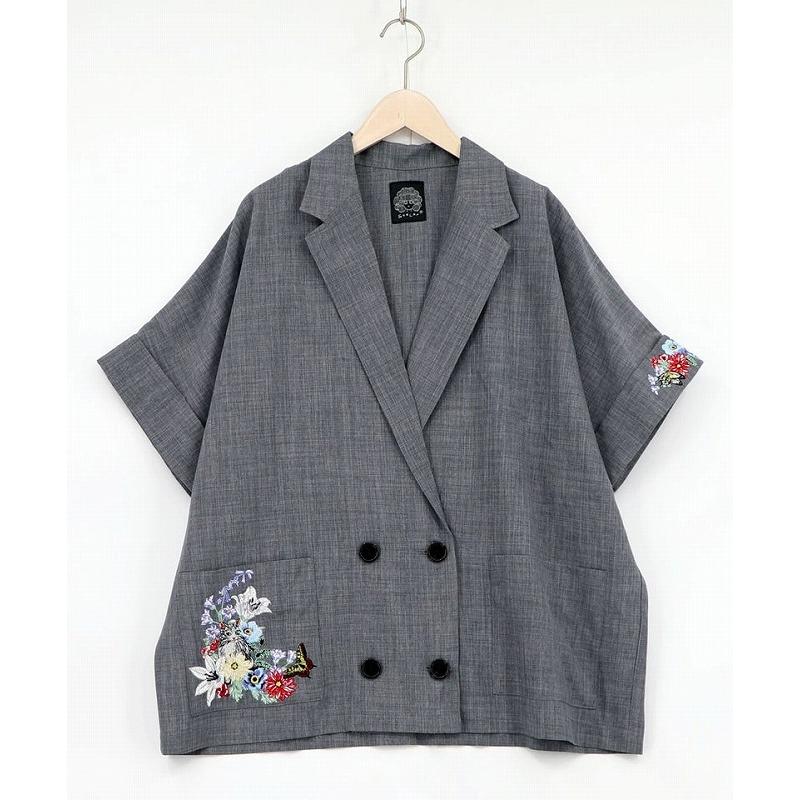 ジャケット ScoLar スカラー 162607 花ネコ刺繍入り半袖ジャケット アウター 羽織り カジュアル レトロ ガーリー 猫 原宿系 個性的 ポイントの画像