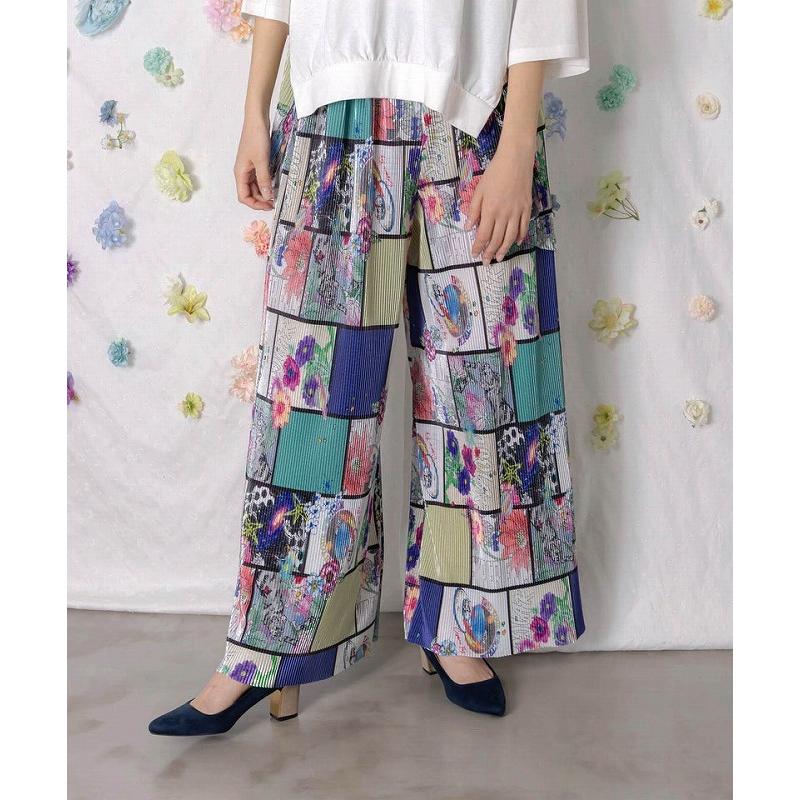 パンツ SALE ScoLar スカラー 162610 アートコラージュ柄プリーツパンツ ボトムス カジュアル レトロ 原宿系 個性的 ポイント | ScoLar