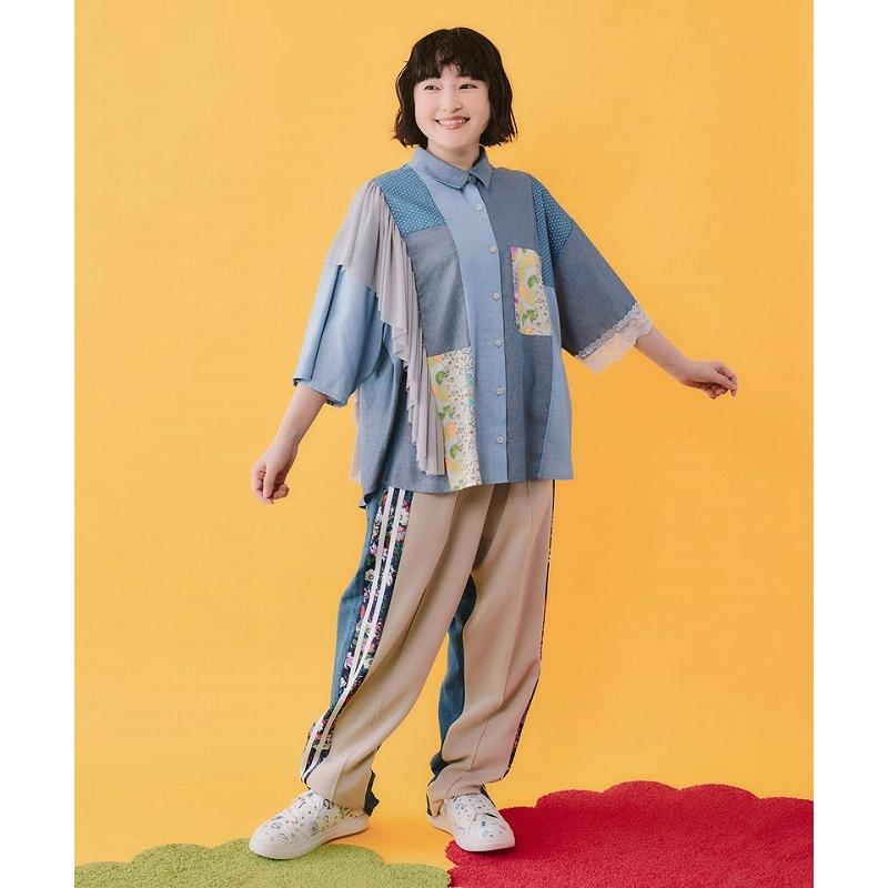 パンツ 新作 ScoLar スカラー 162646 サイドライン入り ジャージ×デニムパンツ ボトムス カジュアル レトロ ガーリー 原宿系 個性的 ポイントの画像