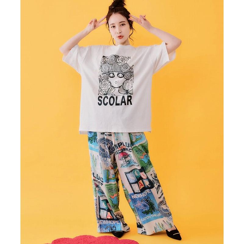 パンツ 新作 ScoLar スカラー 162663 ヴィンテージ風POPコラージュ 綿ツイルパンツ ボトムス カジュアル レトロ ガーリー 原宿系 個性的 ポイントの画像