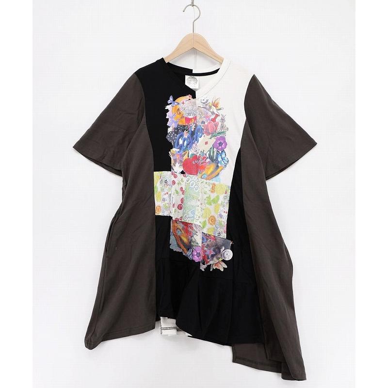 【scolar】モノクロワールド柄配色切替アシメチュニック ScoLar（スカラー） チュニック SALE ScoLar 162669 モノクロワールド