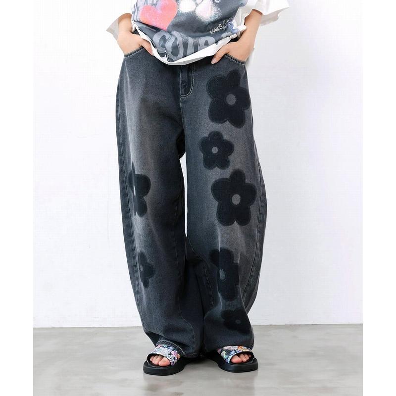 スカラー　scolar 162682：フラワー柄 ブリーチ加工デニムパンツ ScoLar（スカラー） パンツ ScoLar 162682 フラワー柄 ブリーチ加工