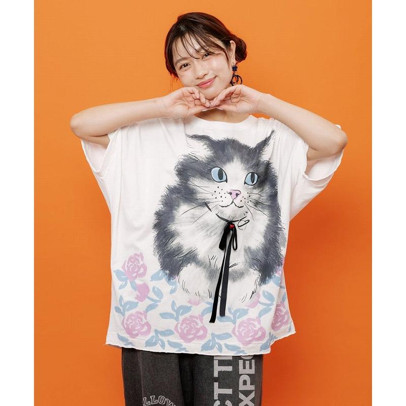 ScoLar（スカラー） Tシャツ 162730 リボン付き もふもふハチワレネコ 