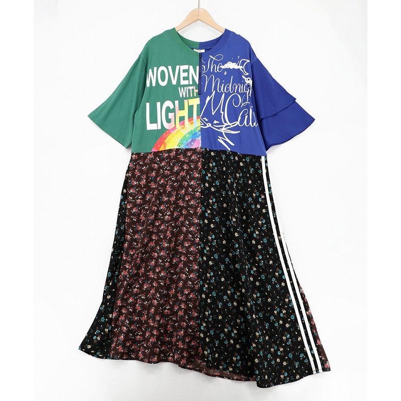 【scolar】配色×花柄異素材切替アシメワンピース ScoLar（スカラー） ワンピース 162733 配色×花柄 異素材切替アシメ
