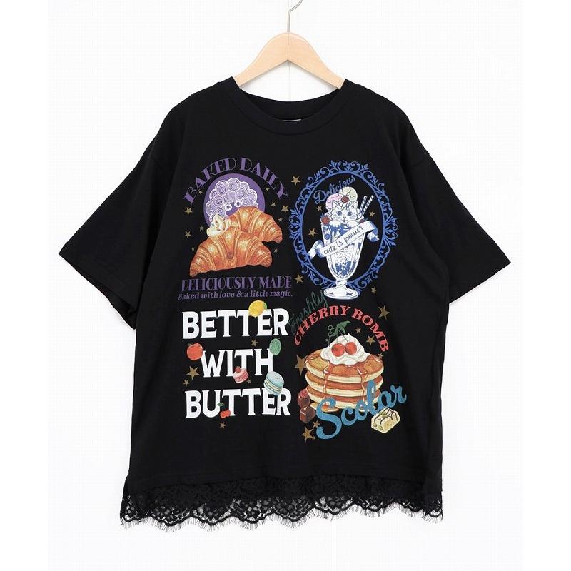 Tシャツ ScoLar スカラー 162736 いろんなフード柄 裾レースTシャツ トップス カジュアル レトロ ガーリー 原宿系 個性的 ポイント | ScoLar | 02