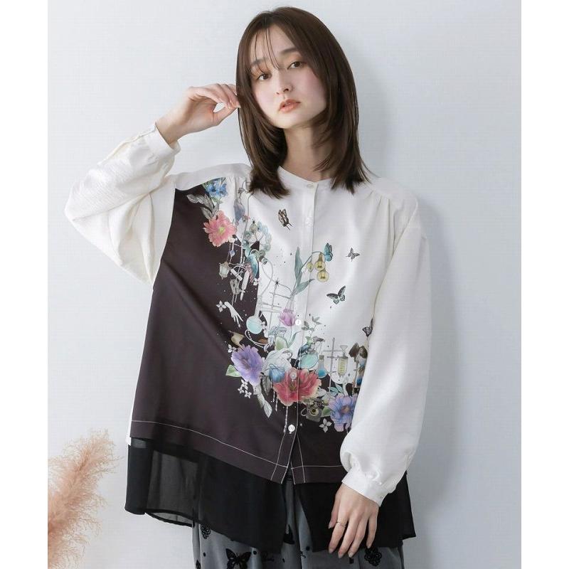 シャツ SALE is ScoLar イズ スカラー 561202 布帛ｘシフォン異素材切替バイカラー花柄シャツ トップス シック フェミニン 原宿系 個性的 ポイント | iS ScoLar | 01