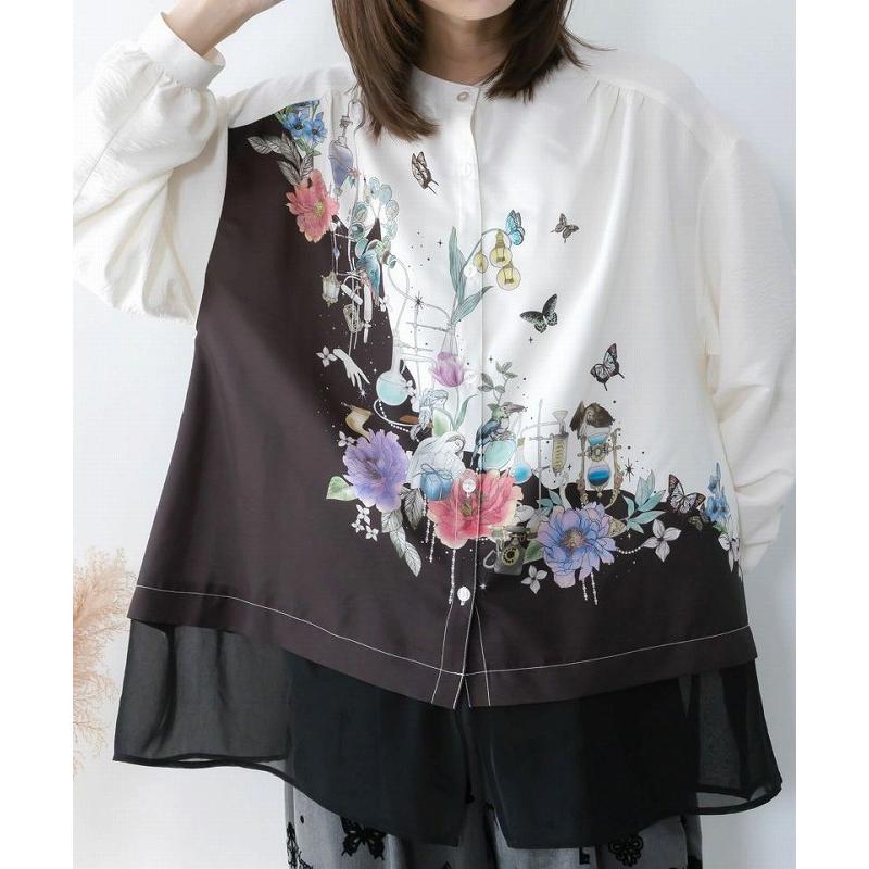 シャツ SALE is ScoLar イズ スカラー 561202 布帛ｘシフォン異素材切替バイカラー花柄シャツ トップス シック フェミニン 原宿系 個性的 ポイント | iS ScoLar | 06