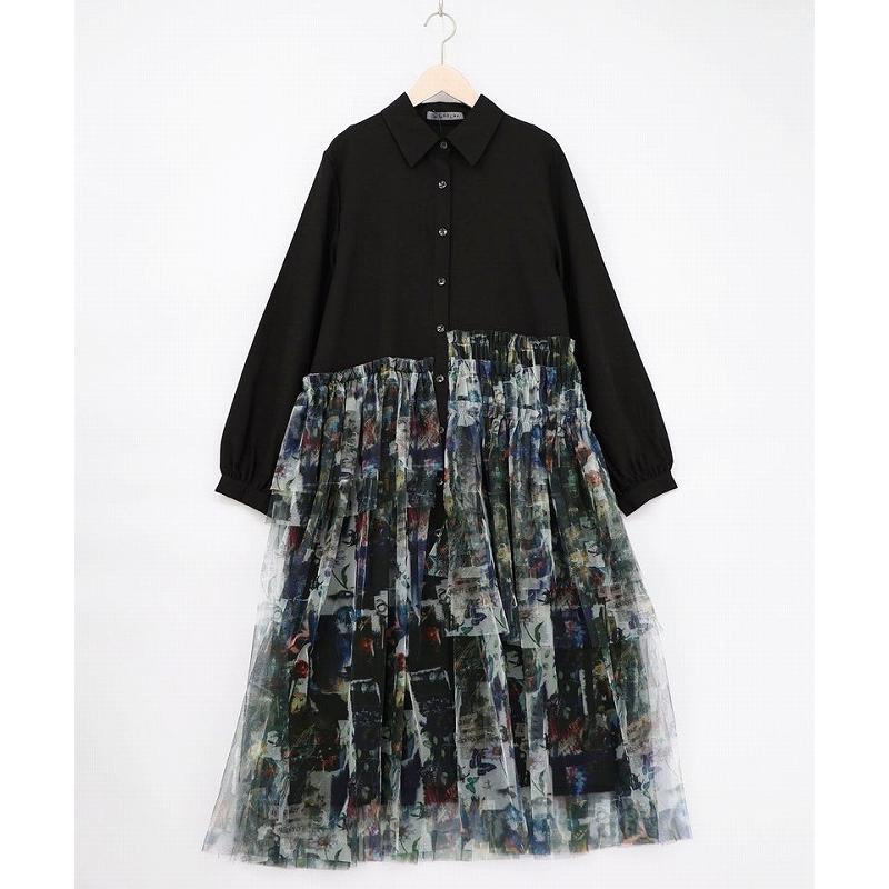 ワンピース SALE is ScoLar イズ スカラー 561237 魔女の秘密柄チュール重ね異素材切替シャツワンピース シック フェミニン 原宿系 個性的 ポイント | iS ScoLar | 07