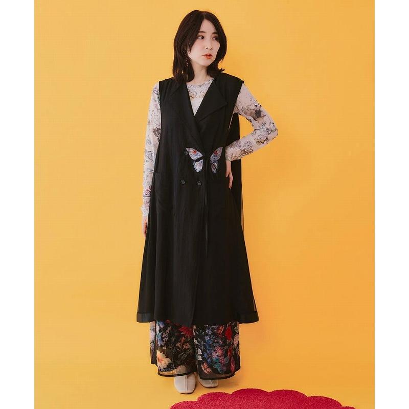 ジレ 新作 is ScoLar イズ スカラー 562223 ワンポイント蝶刺繍ロング丈ジレ レイヤード カジュアル フェミニン レトロ 原宿系 個性的 ポイントの画像