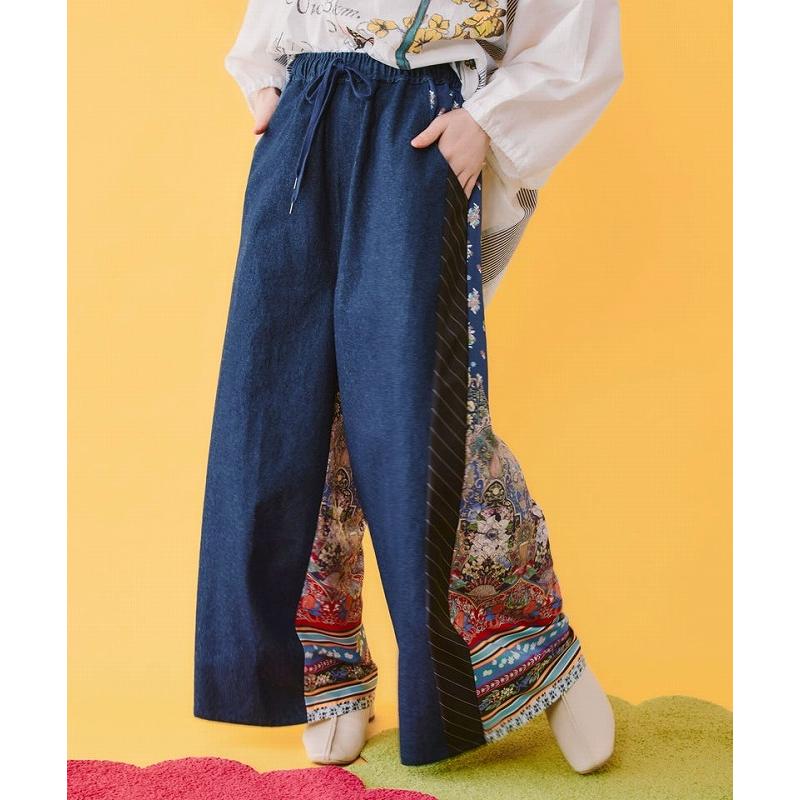 パンツ SALE is ScoLar イズ スカラー 562226 デニム×ストライプ×総柄パンツ ボトムス カジュアル フェミニン レトロ 原宿系 個性的 ポイント | iS ScoLar