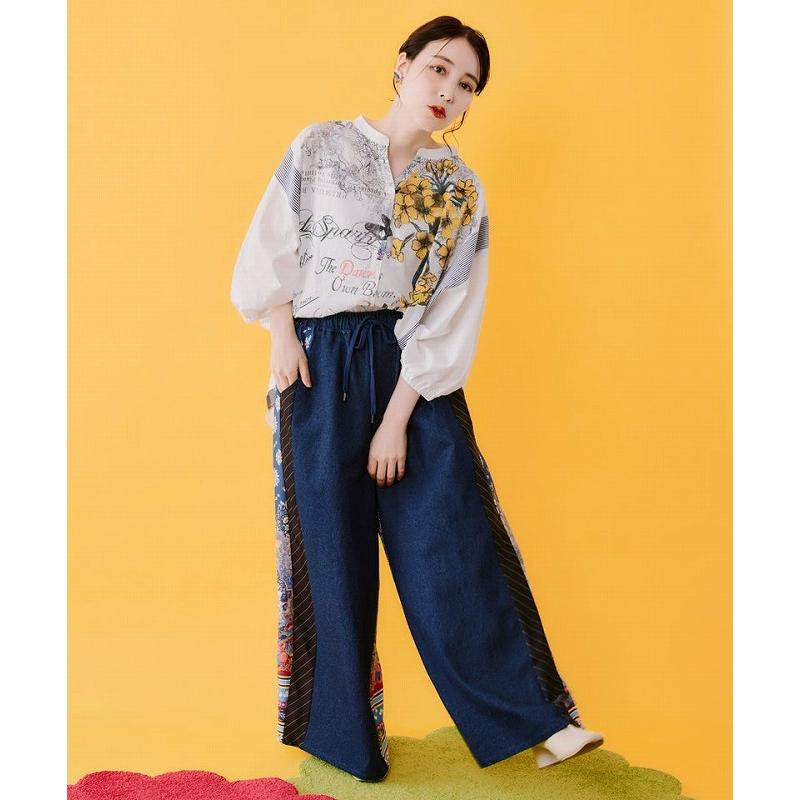 パンツ SALE is ScoLar イズ スカラー 562226 デニム×ストライプ×総柄パンツ ボトムス カジュアル フェミニン レトロ 原宿系 個性的 ポイント | iS ScoLar | 04