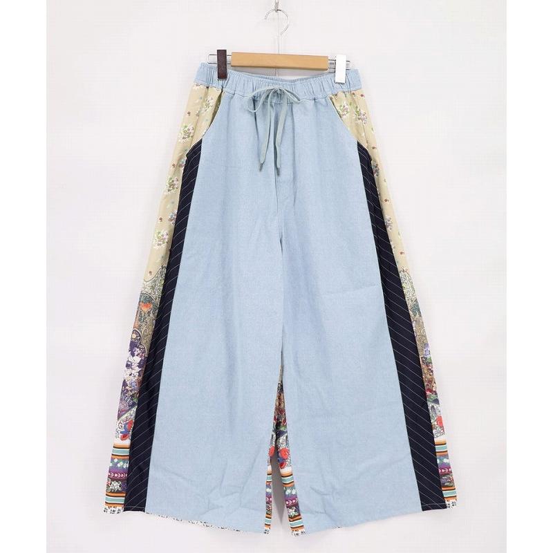 パンツ SALE is ScoLar イズ スカラー 562226 デニム×ストライプ×総柄パンツ ボトムス カジュアル フェミニン レトロ 原宿系 個性的 ポイント | iS ScoLar | 01