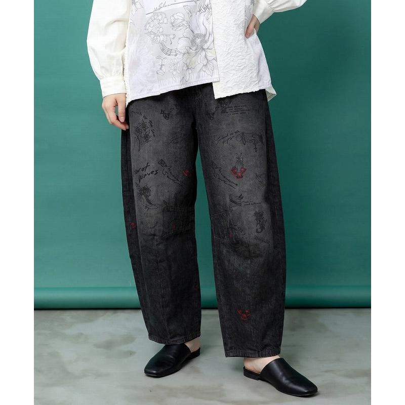 レディース ファッション かわいい パンツ ボトムス is ScoLar イズ スカラー 563222 アンティーク柄 デニムor綿ツイル バレルパンツ フェミニン 原宿系 個性的 | iS ScoLar | 01