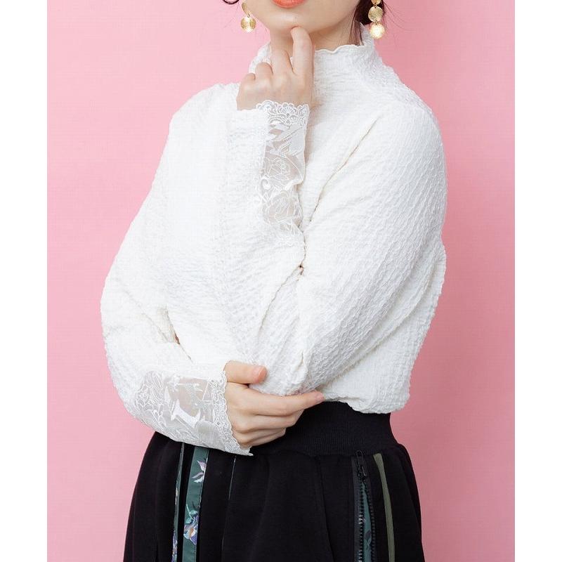 Tシャツ 新作 is ScoLar イズ スカラー 563231 チェス柄袖レース付き ハイネックシャーリングTシャツ トップス カジュアル フェミニン 原宿系 個性的 ポイント | iS ScoLar | 08