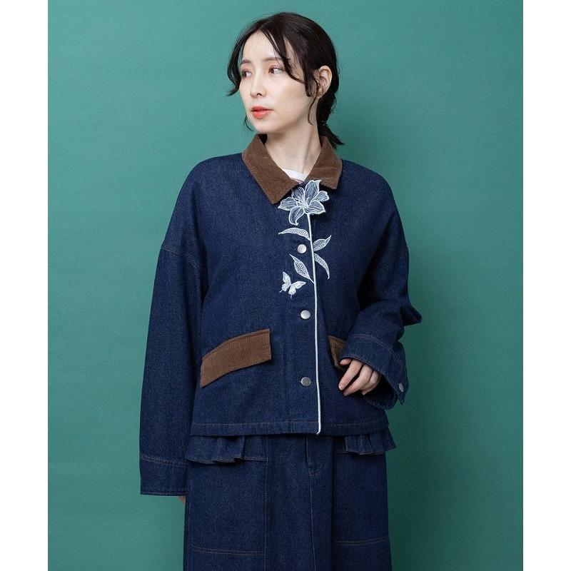 ジャケット 新作 is ScoLar イズ スカラー 563233 デニム×コーデュロイ 花刺繍配色ジャケット アウター カジュアル シック 原宿系 個性的 ポイント | iS ScoLar