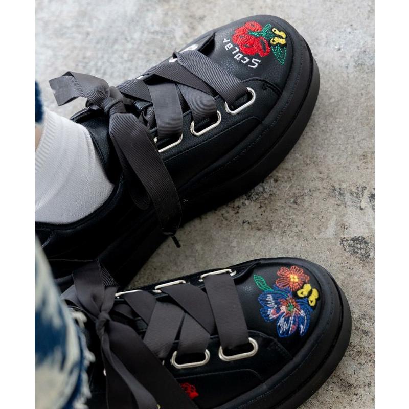 ScoLar シューズ 新作 スカラー SS-186 花ネコ刺繍厚底スニーカー 靴  