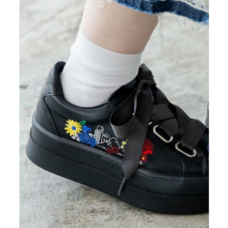 ScoLar シューズ 新作 スカラー SS-186 花ネコ刺繍厚底スニーカー 靴  