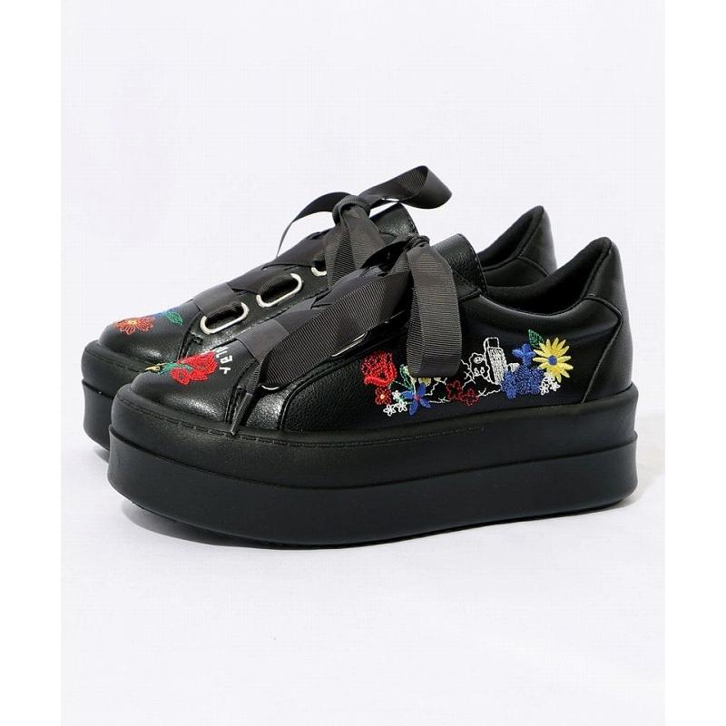 ScoLar シューズ 新作 スカラー SS-186 花ネコ刺繍厚底スニーカー 靴  