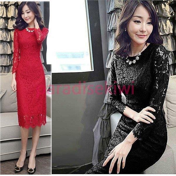 ホットセール格安 総レース長袖ワンピース 膝下 セレモニー 結婚式 パーティー レッド ホワイト ブラック大きいサイズ有り S Xxl 2l 直販直営 Htvnepal Com