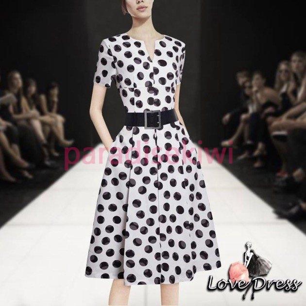 ホットセール エレガント 大人女子 40代 30代 二次会 結婚式 レディース ワンピース 半袖 デート ミディ丈 ベルト付き 水玉 ドット柄 プリーツ スリット ワンピース カラー ドット Pathwaysfl Org
