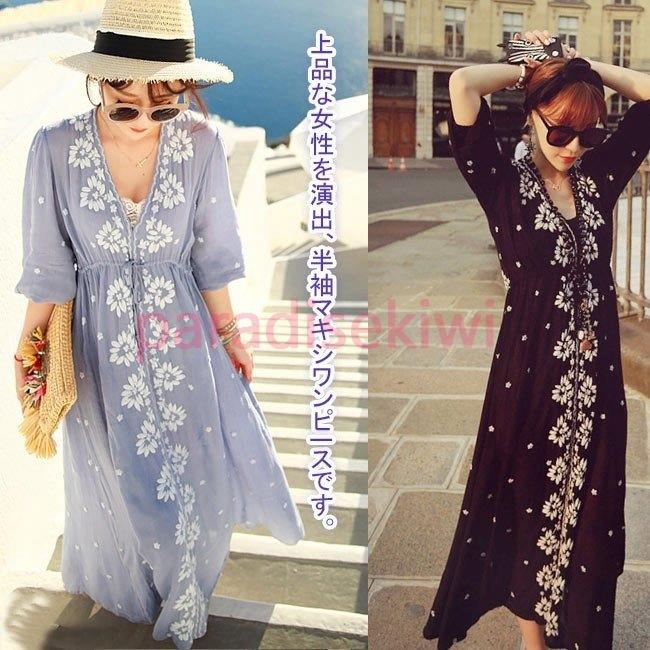 新しく着き 半袖マキシワンピース マキシ丈ワンピース マキシワンピ 半袖マキシワンピース マキシワンピ 大きいサイズ カジュアル リゾートワンピ 隠しボタン エスニック 刺繍 マキシ丈ワンピース ワンピース チュニック Sergiopizarro Com Co