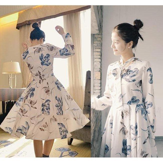 激安単価で 長袖ワンピースミディアム丈フレアワンピースレディース膝丈襟リボンウエスト締めaラインvネック水墨画柄総柄厚手優雅 Para 4974eejbo パラダイスキウイ 通販 Yahoo ショッピング 超目玉アイテム Www Skylanceronline Com