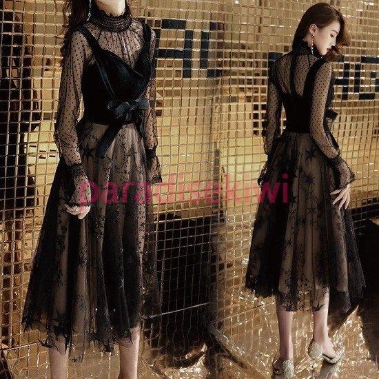 価格買取 レースとベルベットの上品な レディース ブラック パーティードレス シースルーブラウスとワンピースとのセット すてき 早期割引 Riverawesternwear Com
