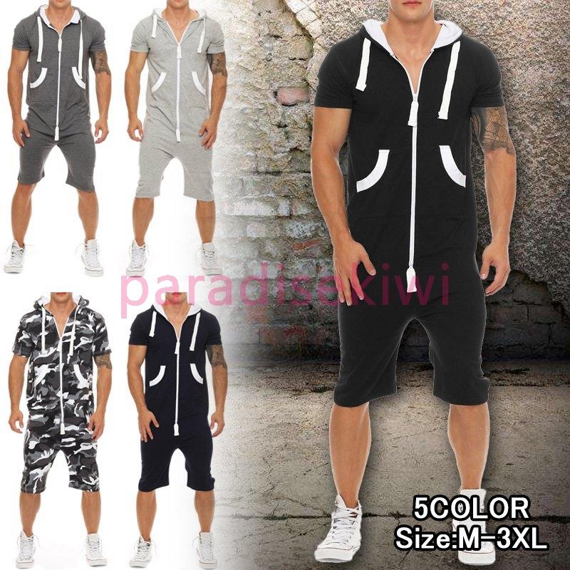 送料込 スウェット オールインワン 半袖 メンズ ジャージ ワンピ つなぎ 部屋着 運動服 スポーツウェア ジップアップ フード付き 夏 期間限定送料無料 Piclogistica Com