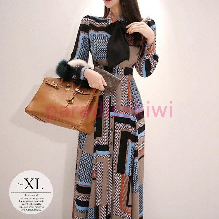注目ブランド ワンピース 長袖 ロング マキシ丈 レディース 大きいサイズ 秋 冬 大人 きれいめ モカ ブルー ブラック オレンジ 幾何学模様 ボタン 襟付き ミセス ランキング入賞商品 Shol Co Za