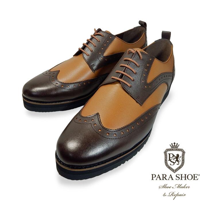 PARASHOE 本革 コンビウィングチップ 厚底ビジネスシューズ（ビジネス