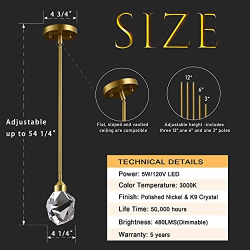アントラムライフ1ライトモダンクリスタルペンダントライトゴールドブラッシュ仕上げ5 W一体型LEDミニ吊りペンダントライト器具金属棒天井シングルペンダン アントラムライフ1ライトモダンクリスタルペンダントライトゴールドブラッシュ仕上げ5