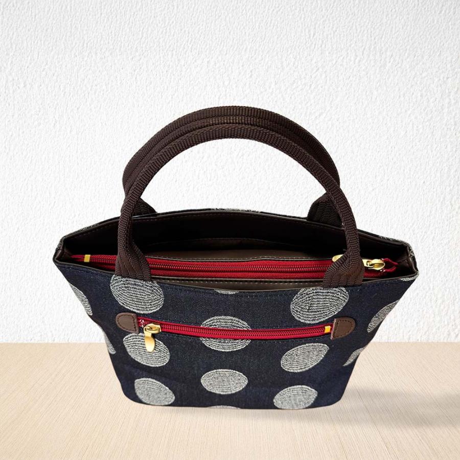 mina ネイビー ドット ハンドバッグ Nina Top Handle Crossbody Purse in Peacoat Blue & Silver | JORD