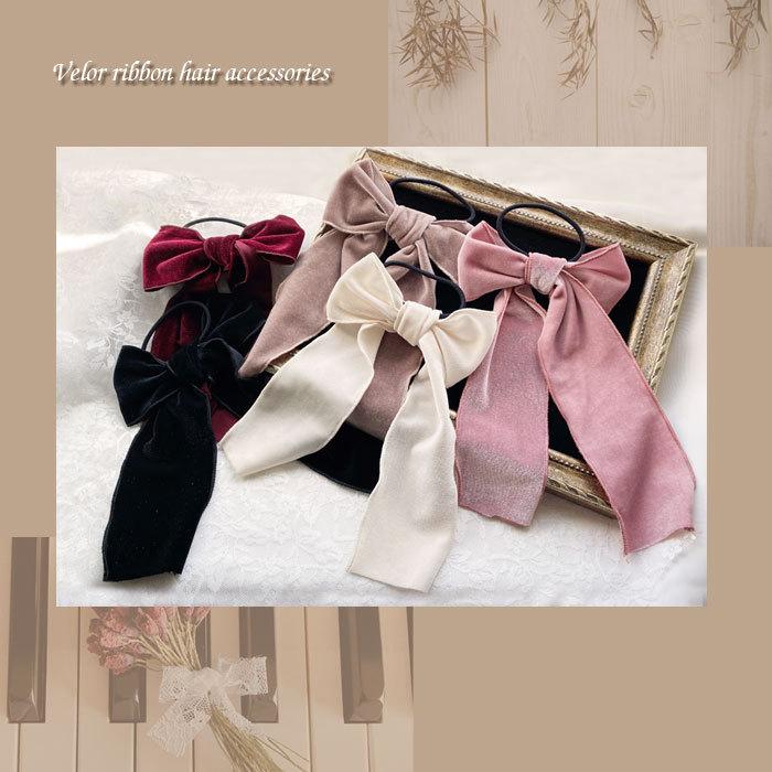 パリスキッズ ベロア ビッグ リボン ポニー ヘアゴム 秋冬 トレンド