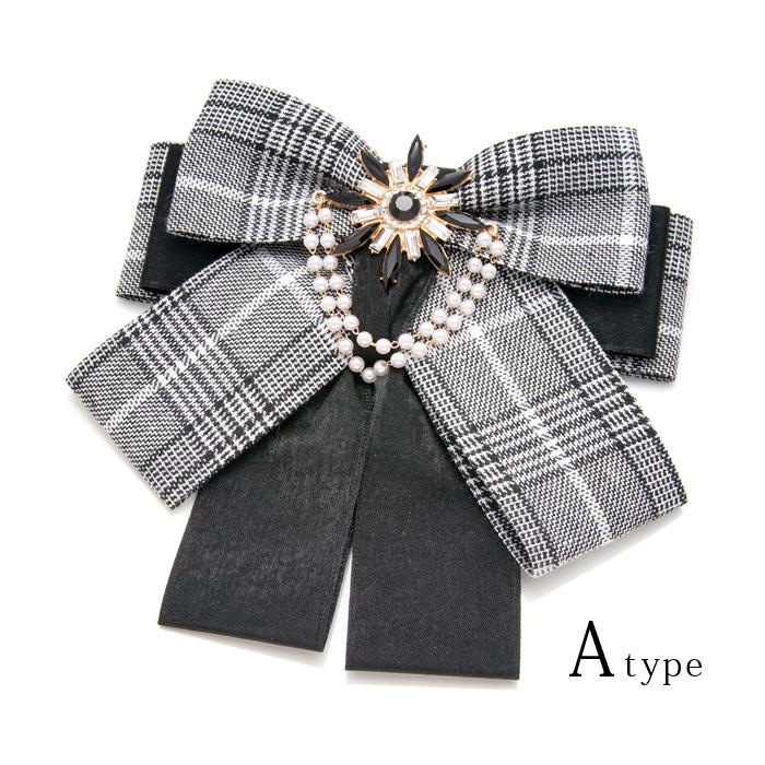 大人可愛いリボン半月アーチクリップ☆ファブリックチェック×モノトーン×ビジュー 大人可愛いリボン半月アーチクリップ☆ファブリックチェック