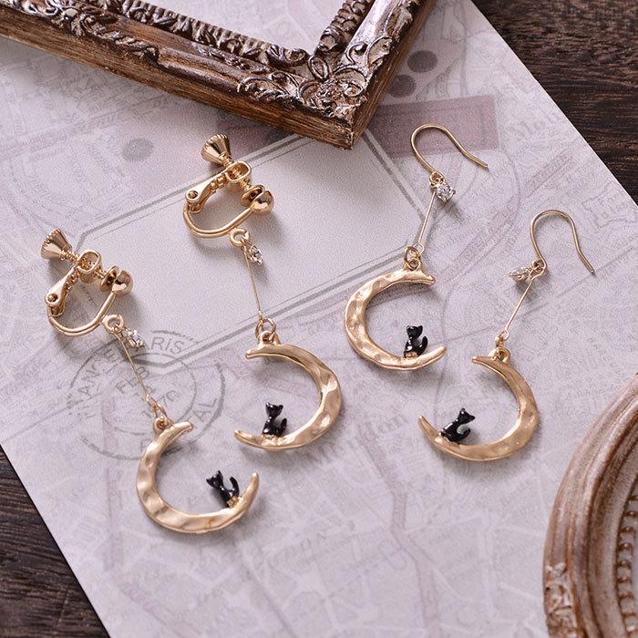 パリスキッズ イヤリング ピアス ねこ ネコ 猫 月 三日月 ムーン