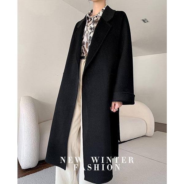 上品ロングコート ウール100% リバーコート ブラック ダブルフェイス