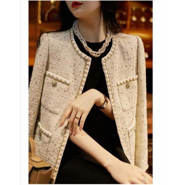 高級感ノーカラージャケット 大人上品シングルジャケット オフホワイト