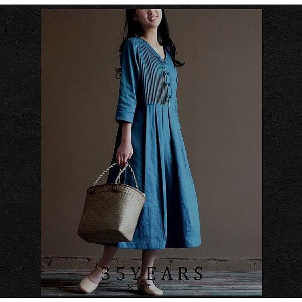 麻ロングワンピース 七部袖 マキシ丈 春夏秋 リネン ピンタック パープル ブルーグリーン 送料無料 Op 1703 27 パリスマダム 通販 Yahoo ショッピング