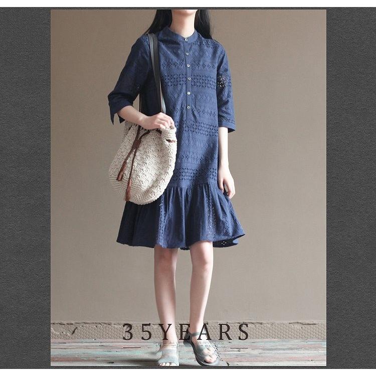 内祝い コットンレースの膝丈ワンピース ネイビー 七部袖 春夏 ローウエスト 送料無料 公式ストア Kpiss Fm