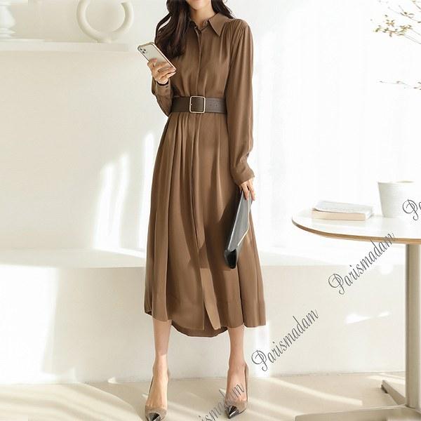 数量限定 長袖大人スタイルワンピース ベルト付き 定番 ミモレ丈 フレアワンピース ブラウン 結婚式 送料無料大人 上品 Parismadam ふるさと納税 Mercurytechnologies Mn Com