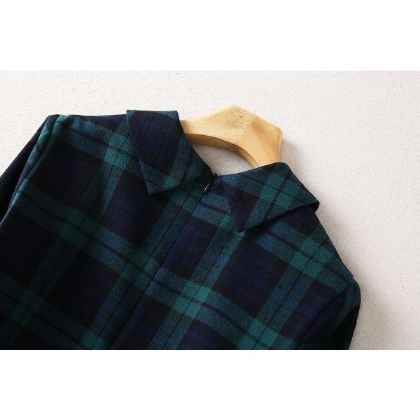 タータンチェックワンピース ひざ下丈 フレアスカート グリーン系 長袖