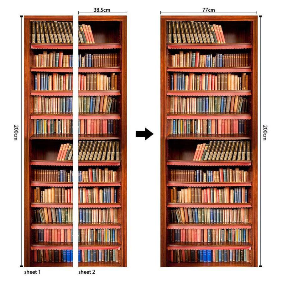 ウォールステッカー 本棚 bookshelf ドア 3D 壁紙 シール 貼ってはがせる 室内用 ドア装飾シート 防水シール 部屋 ドアシート
