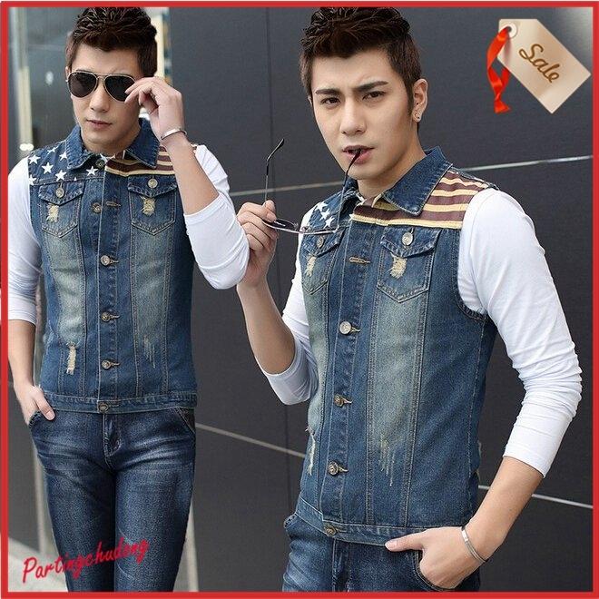 国内正規品 韓国スタイル メンズスタイリッシュデニムベスト ノースリーブジャケット 春秋夏シティーファッション アメカジ国旗 ヒップホップダンスウェア